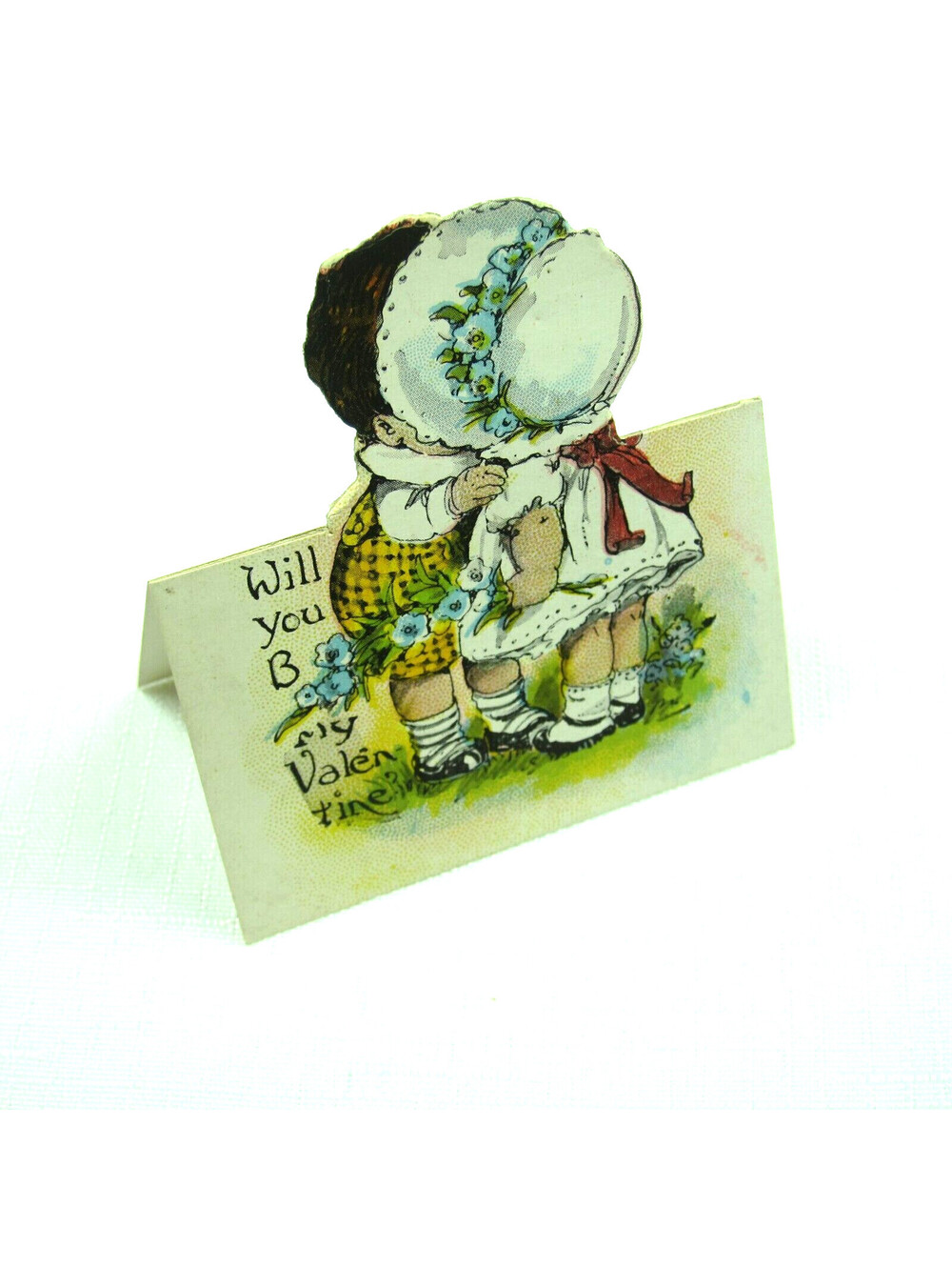 Vintage Valentine Boy Kisses Girl White Bonnet Blue Flowers Cutout Card Stand Up